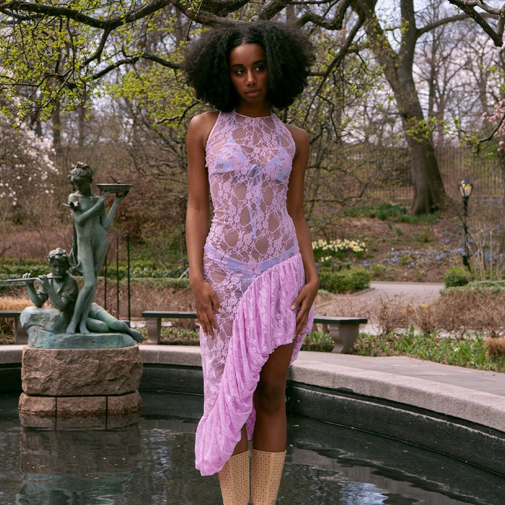 High Neck Sleeveless Sheer Floral Lace Ruffle Flounce High Slit Maxi Dress 6