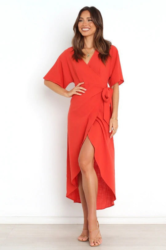 Deep V-Neck Flutter Sleeve Wrap Tie Waist High Low Hem Midi Dress