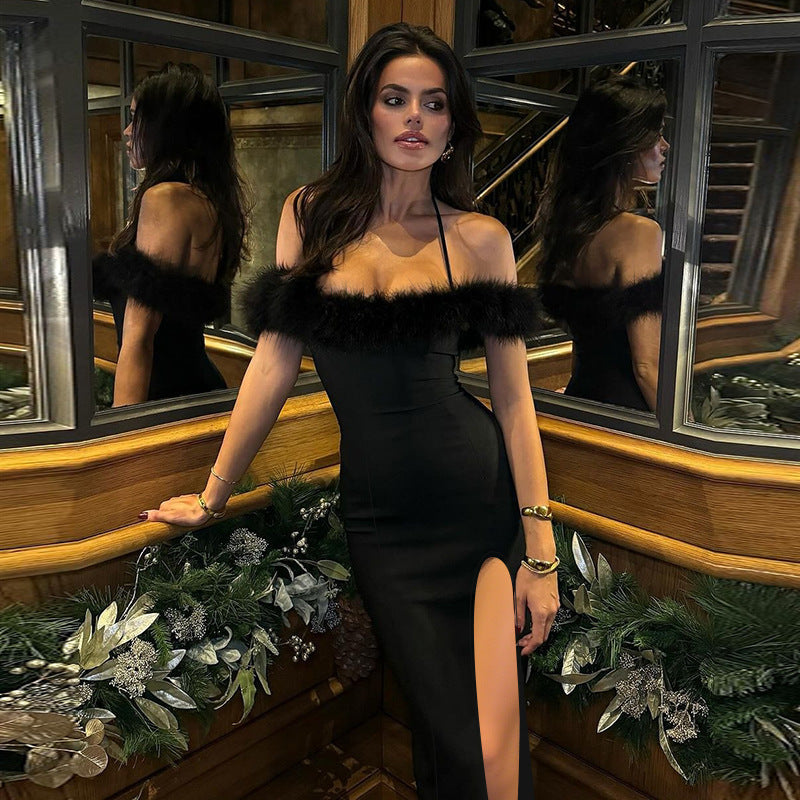 Halter Strap Faux Fur Trim Off Shoulder Thigh Slit Maxi Gown