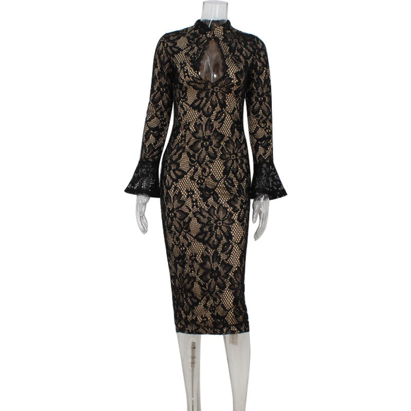 Lace High Neck Keyhole Bell Sleeve Fitted Maxi Dress 2