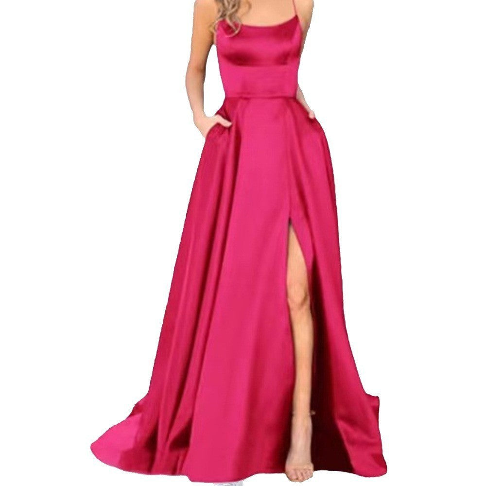 Spaghetti Strap Fitted Waistband High Slit Pocket A Line Maxi Gown