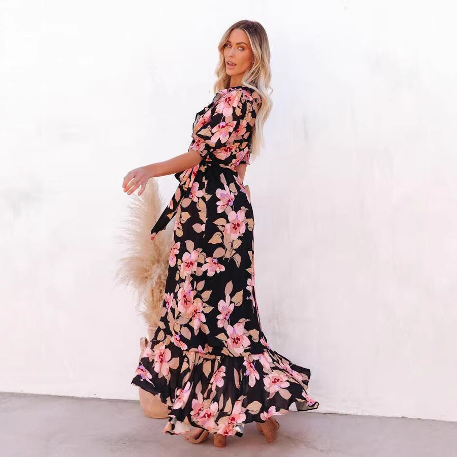 Floral Print Wrap V-Neck Puff Sleeve Ruffle Trim High-Low Maxi Dress 4