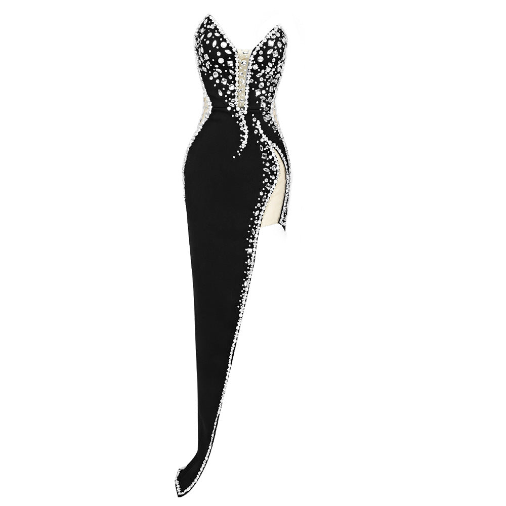 Rhinestone Embellished Plunge Sweetheart Mesh Panel Thigh Slit Velvet Maxi Gown 4