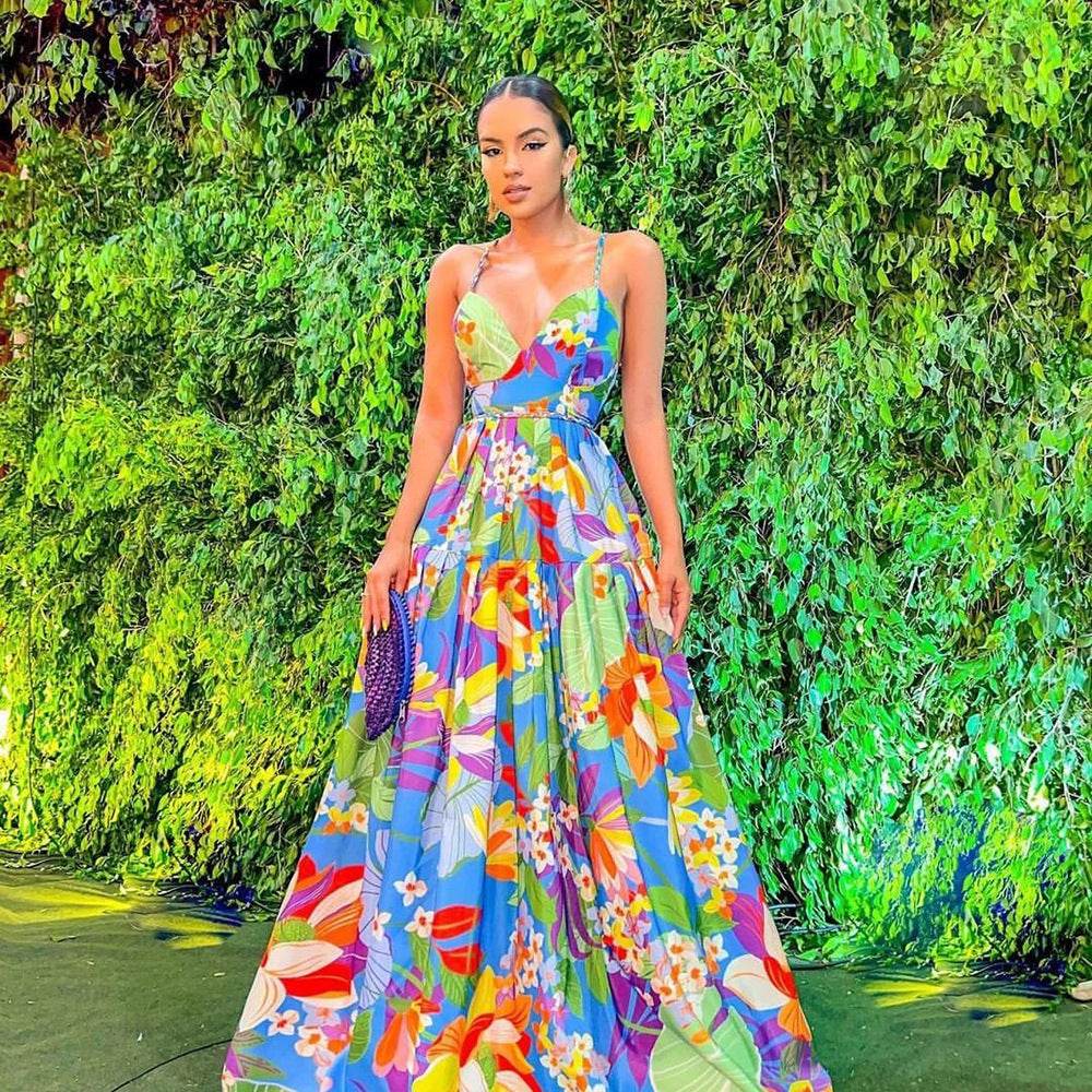 Deep V Neck Spaghetti Strap Tiered Tropical Floral Maxi Dress 2