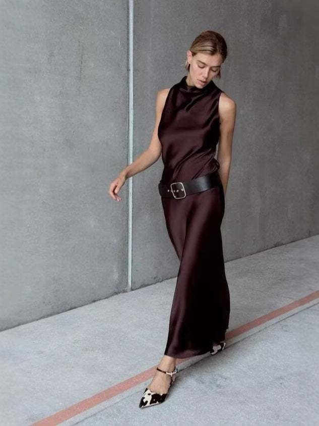 Sleeveless Funnel Neck Satin Column Maxi Dress with Belt