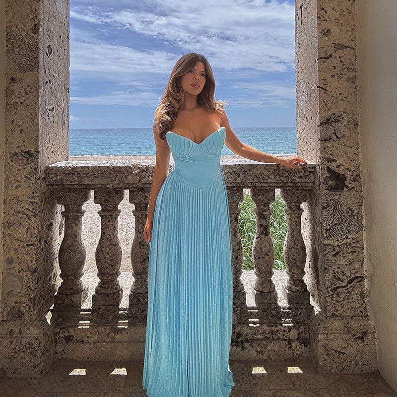 Strapless Corset Sweetheart Pleated A-Line Floor Length Maxi Dress