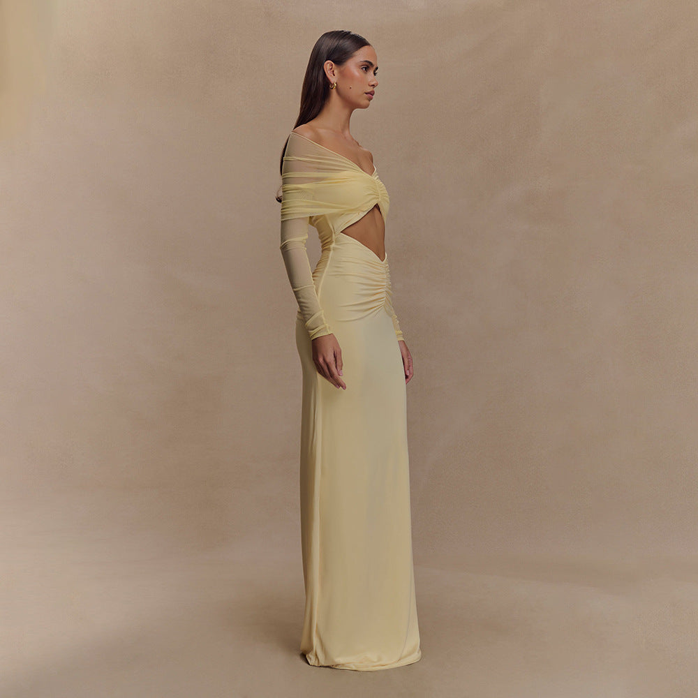 Off Shoulder Mesh Sleeve Diamond Cutout Ruched Column Maxi Gown 2