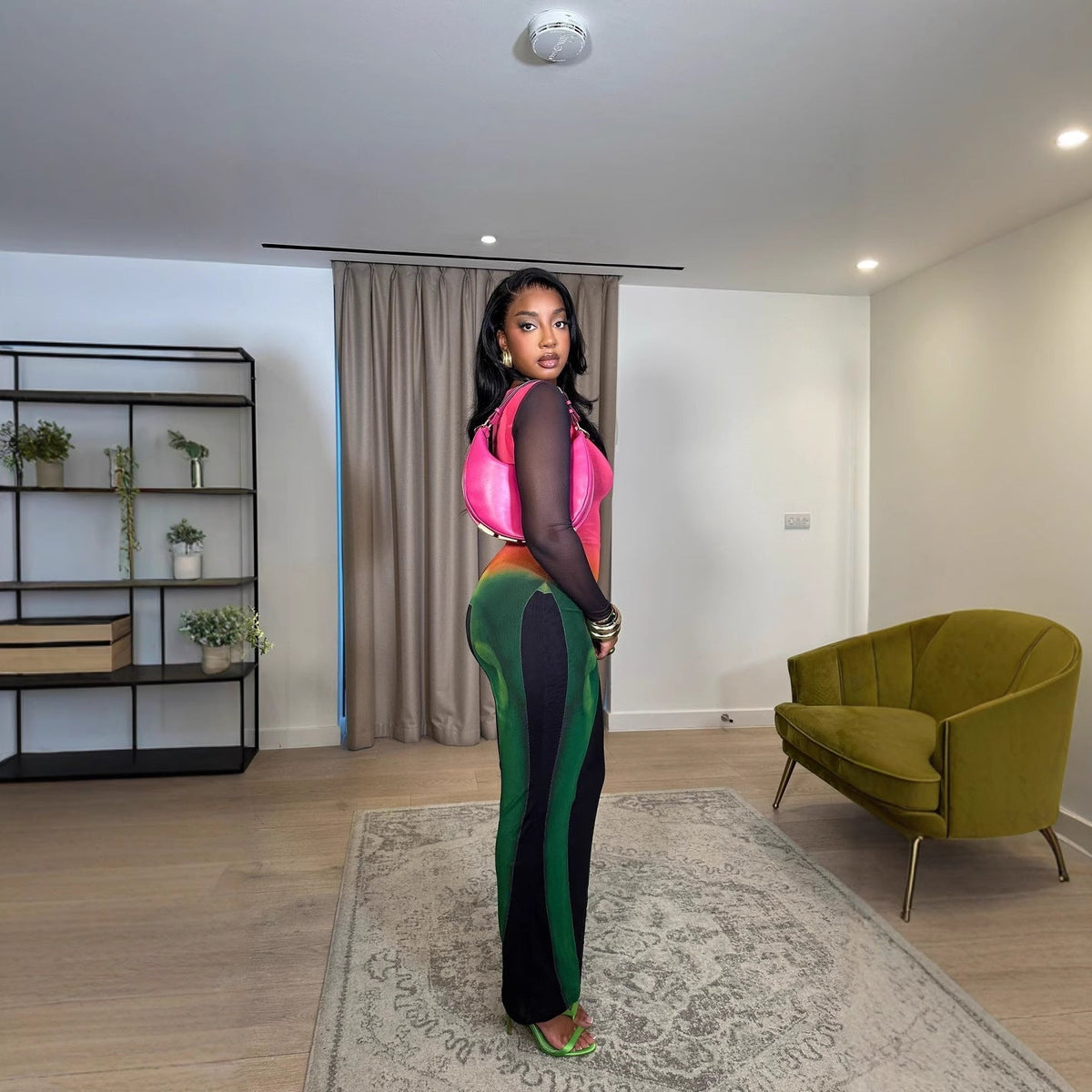 Crew Neck Mesh Sleeve Abstract Print Column Skirt Set 2