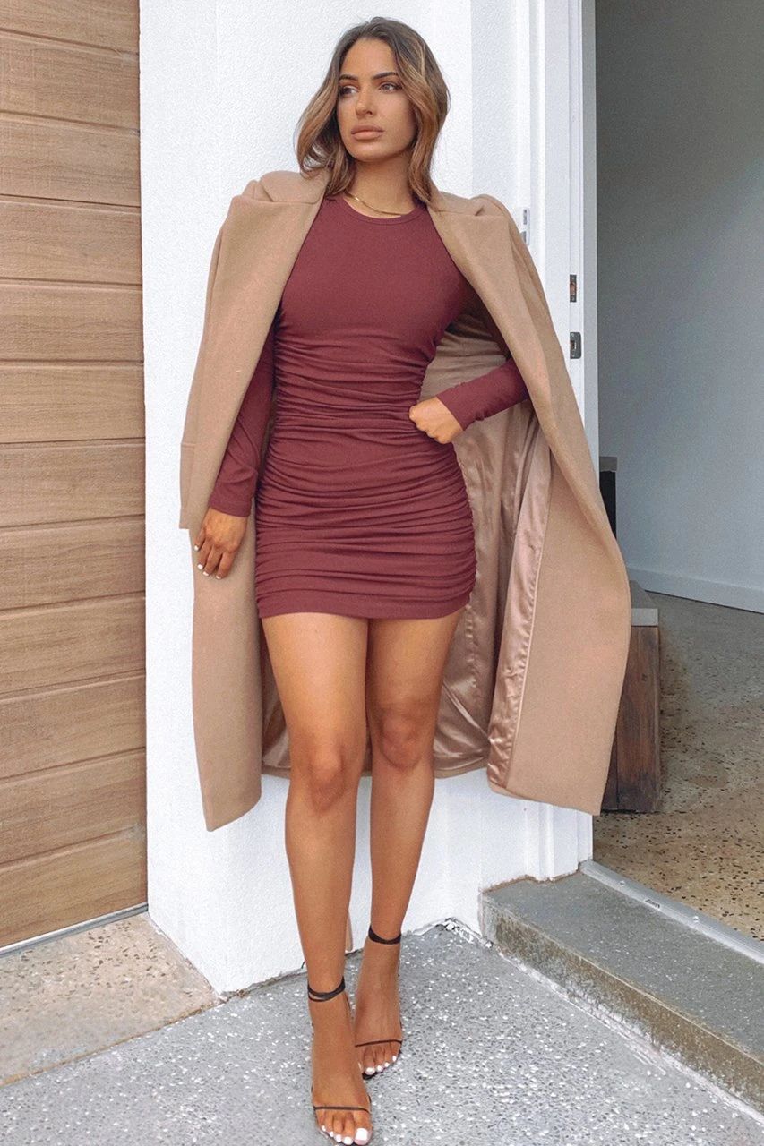 Long Sleeve Crew Neck Ribbed Side Ruched Bodycon Mini Dress 4