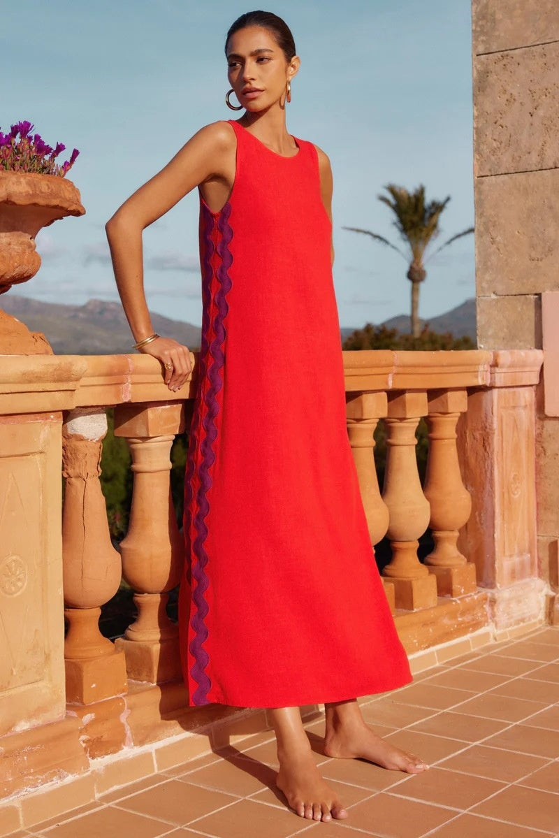 Round Neck Sleeveless Scalloped Side Panel A-Line Midi Dress 6