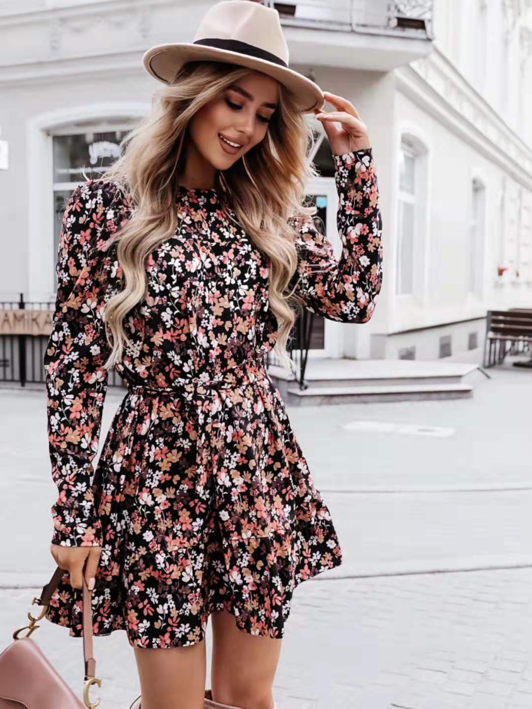 Crew Neck Long Puff Sleeve Ditsy Floral Tie Waist Ruffle Hem Mini Dress