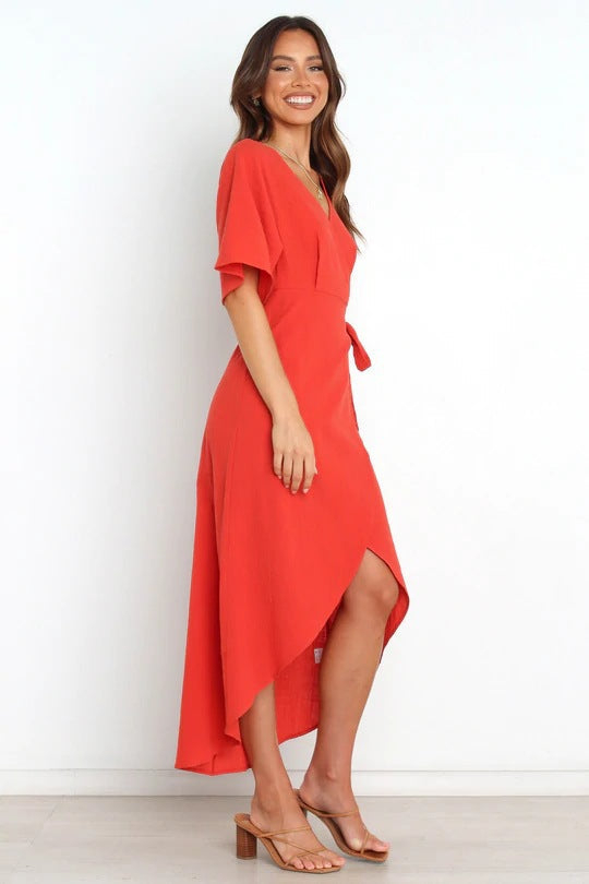 Deep V-Neck Flutter Sleeve Wrap Tie Waist High Low Hem Midi Dress 3