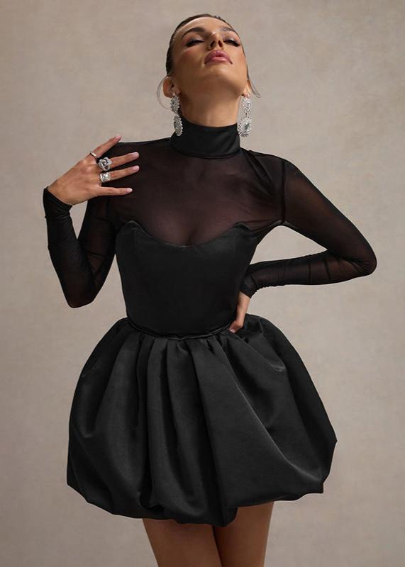 Mock Neck Sheer Sleeve Sweetheart Bubble Hem Mini Dress 7