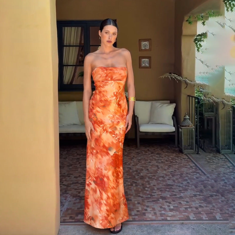 Strapless Abstract Floral Brushstroke Print Column Maxi Gown