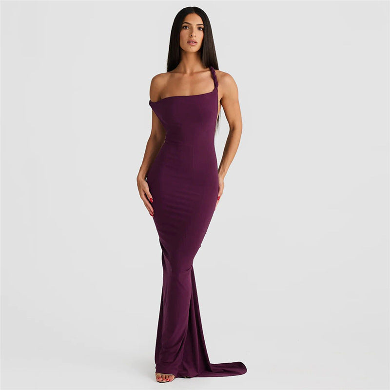 Asymmetric Folded Cuff One Shoulder Twisted Strap Maxi Gown