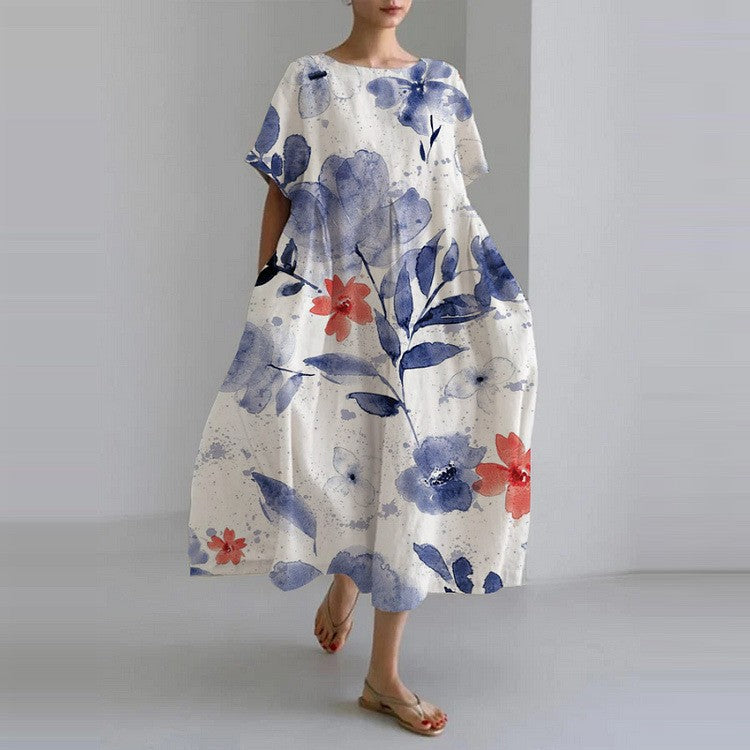 Watercolor Floral Print Tent Sleeve Loose Flowy Maxi Dress 2