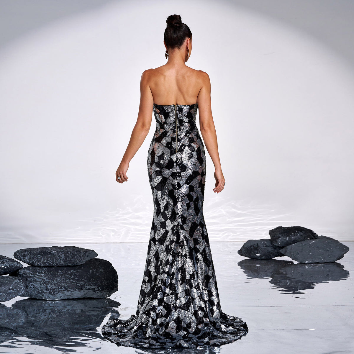 Strapless Sweetheart Mosaic Sequin Thigh Slit Column Gown 5