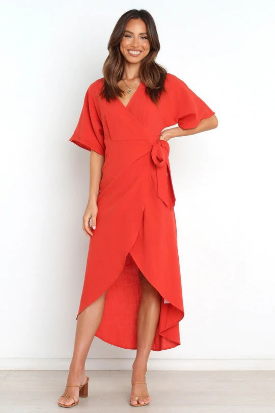 Deep V-Neck Flutter Sleeve Wrap Tie Waist High Low Hem Midi Dress 2