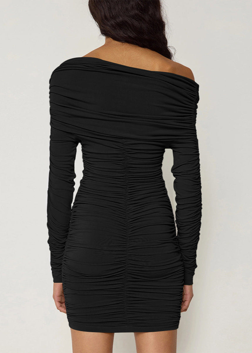 Asymmetric Off-Shoulder Ruched Long Sleeve Bodycon Mini Dress 2