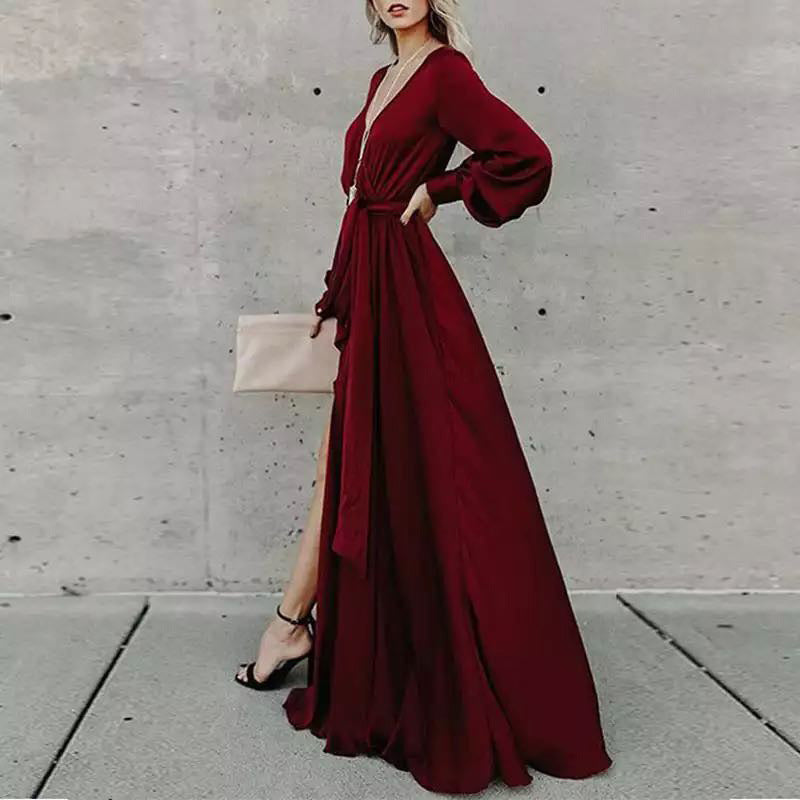 Deep V Neck Bishop Sleeve Tie Waist Wrap Side Slit Maxi Dress 2