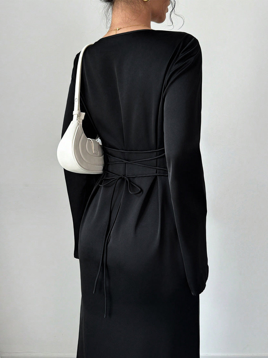Black Cowl Neck Bell Sleeve Tie Waist Bodycon Maxi Dress 5