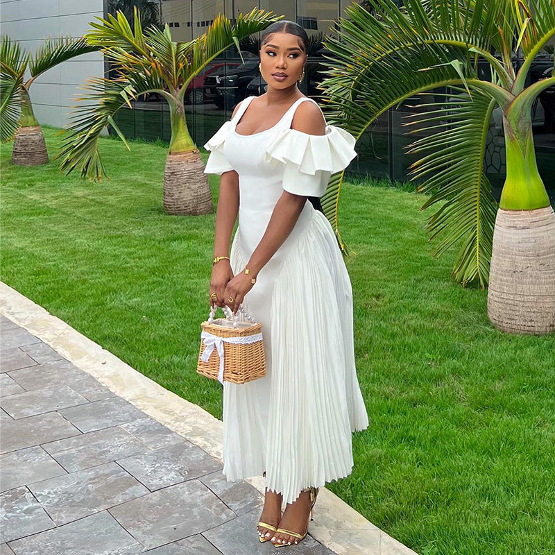Scoop Neck Cold Shoulder Tiered Ruffle Sunray Pleated Midi Dress