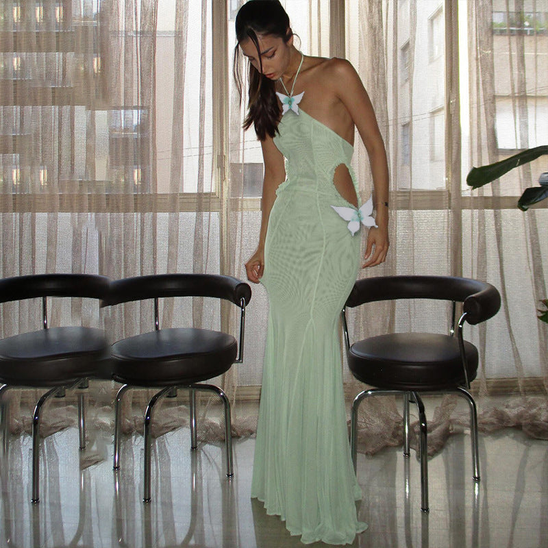 Butterfly Applique Halter Neck Mesh Side Cutout Mermaid Maxi Dress