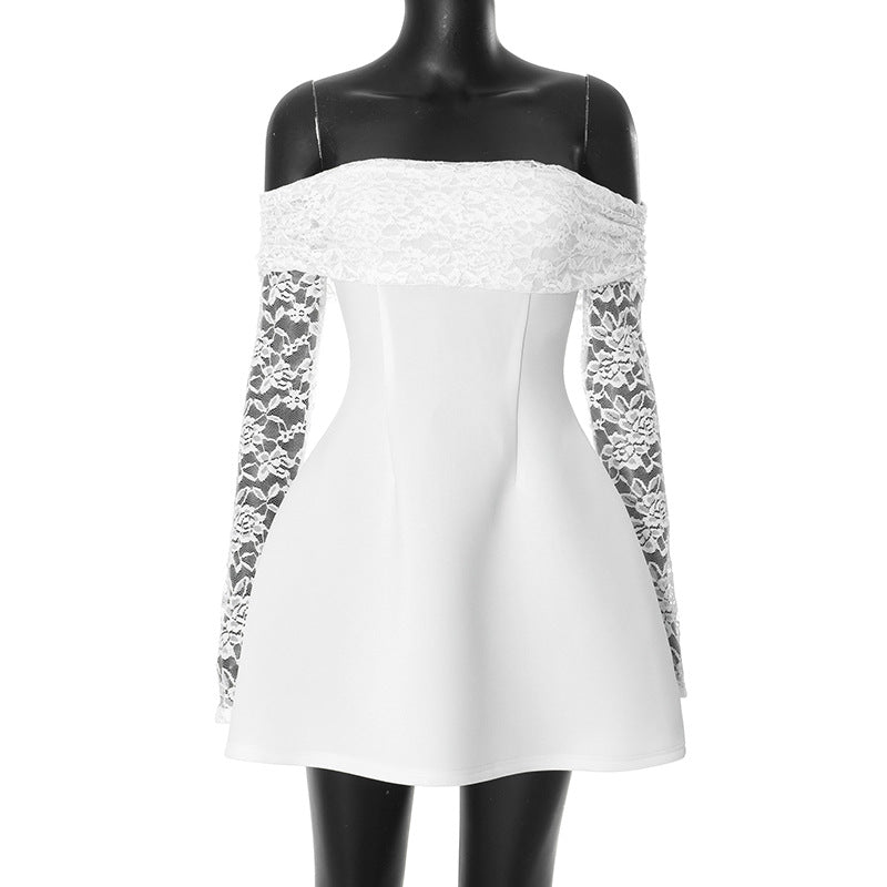 Off Shoulder Lace Sleeve Satin Fit and Flare Mini Dress 5