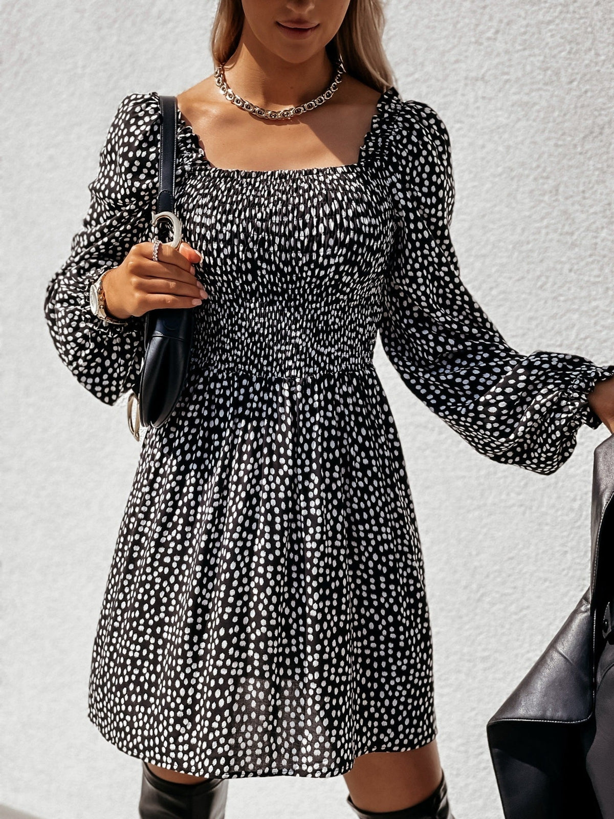 Square Neck Smocked Puff Sleeve Polka Dot Flared Mini Dress 4