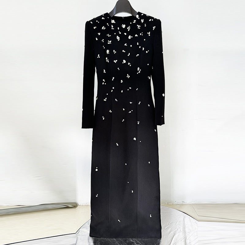 Crew Neck Long Sleeve Crystal Embellished Column Maxi Gown 2