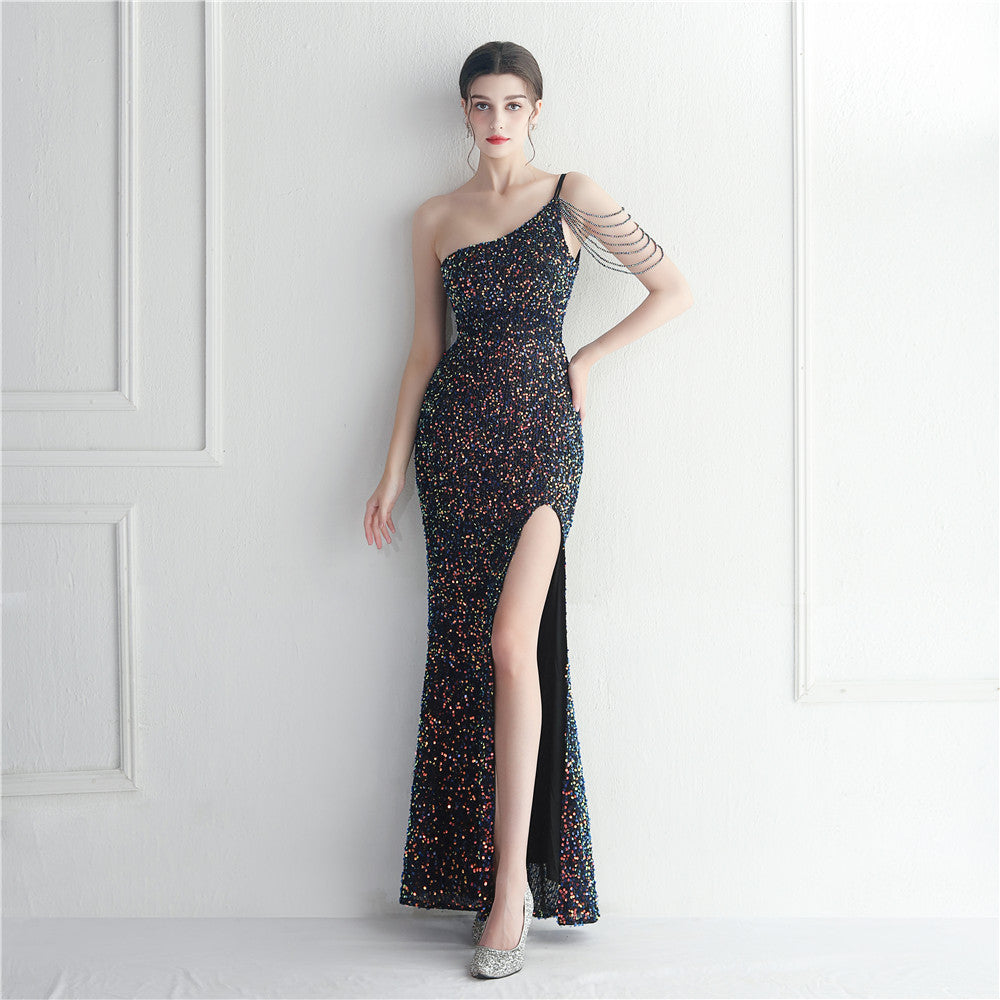 One-Shoulder Chain Tassel Sequin Embellished High Slit Column Maxi Gown 12