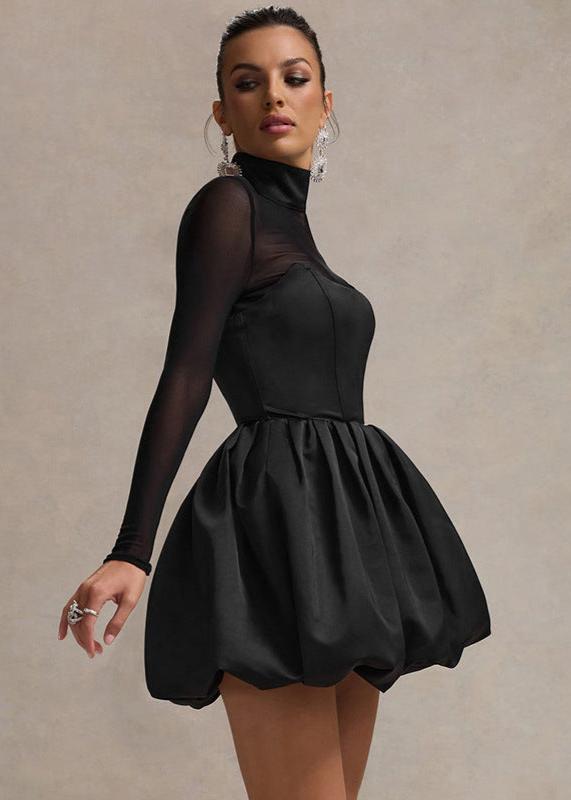 Mock Neck Sheer Sleeve Sweetheart Bubble Hem Mini Dress 2