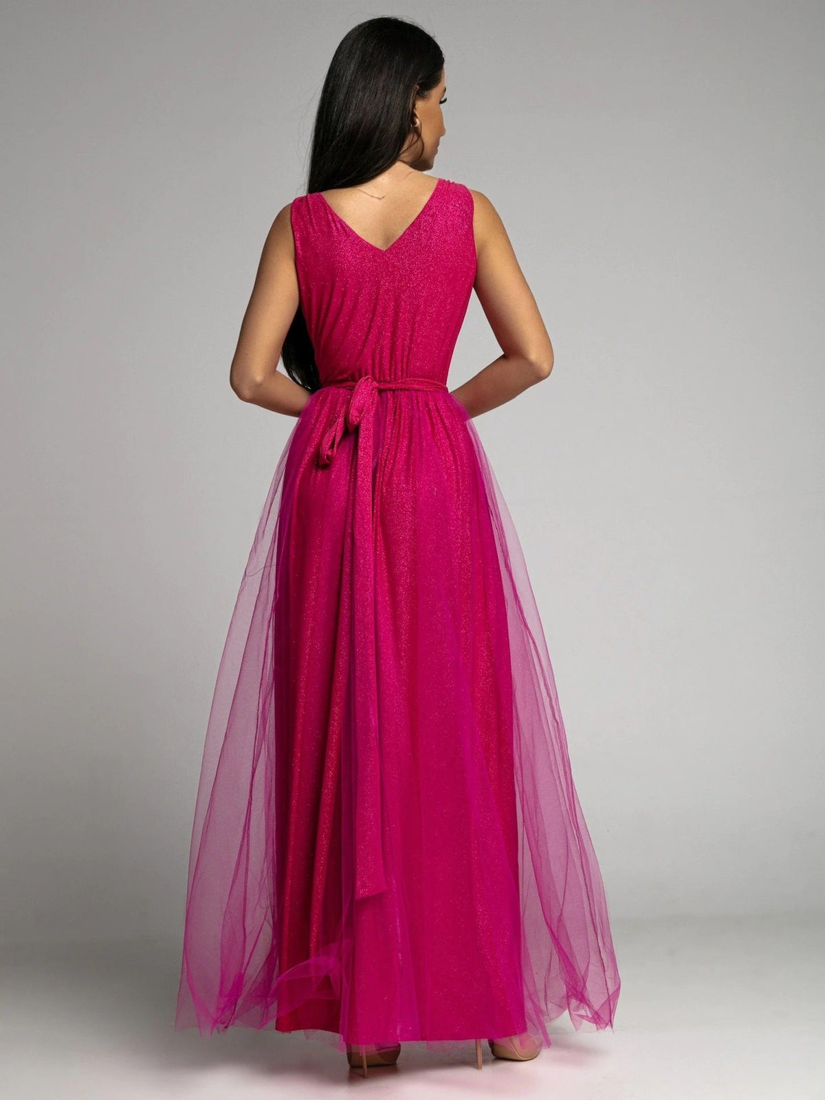 Plunge V-Neck Wrap Bodice Tulle Overlay Side Slit Shimmer Maxi Dress 2
