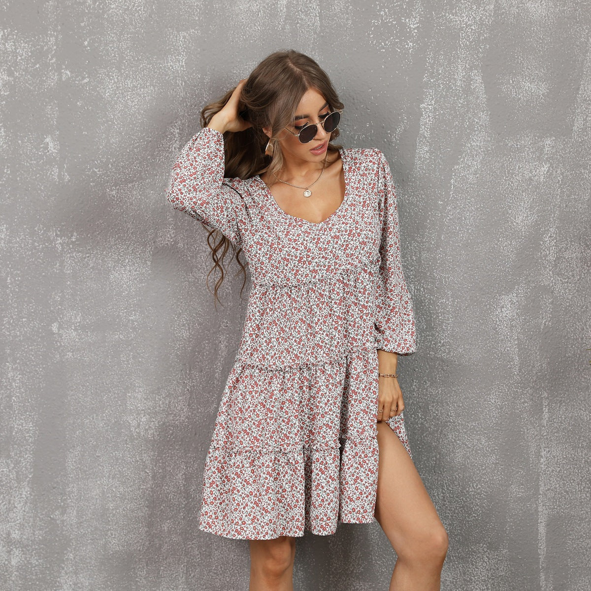 Round Neck Long Sleeve Ditsy Floral Tiered Babydoll Mini Dress 2