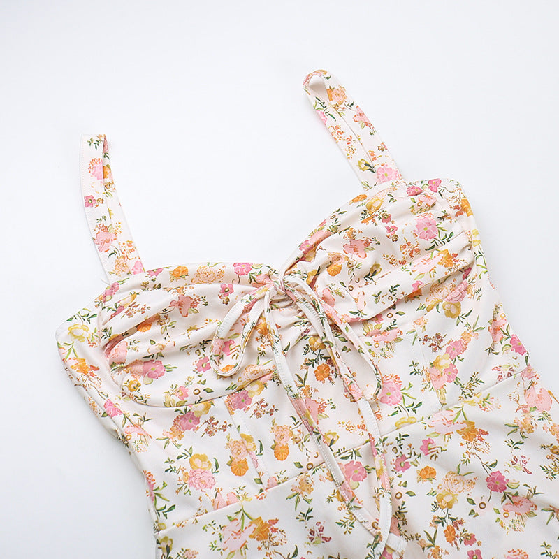 Floral Bustier Lace-Up Cami Strap Flared Midi Dress 14