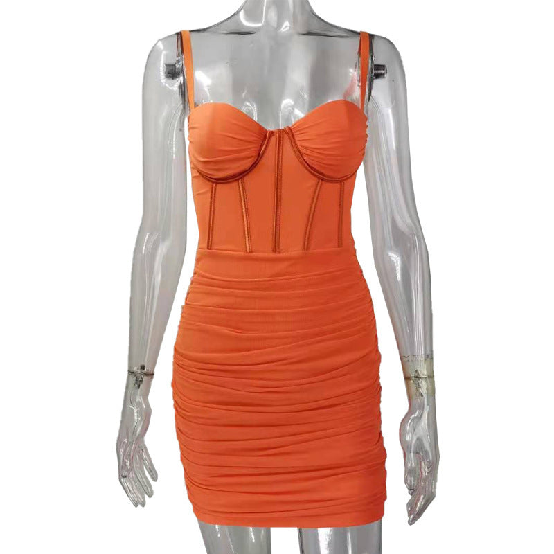 Mesh Panel Corset Sweetheart Spaghetti Strap Ruched Bodycon Mini Dress 6