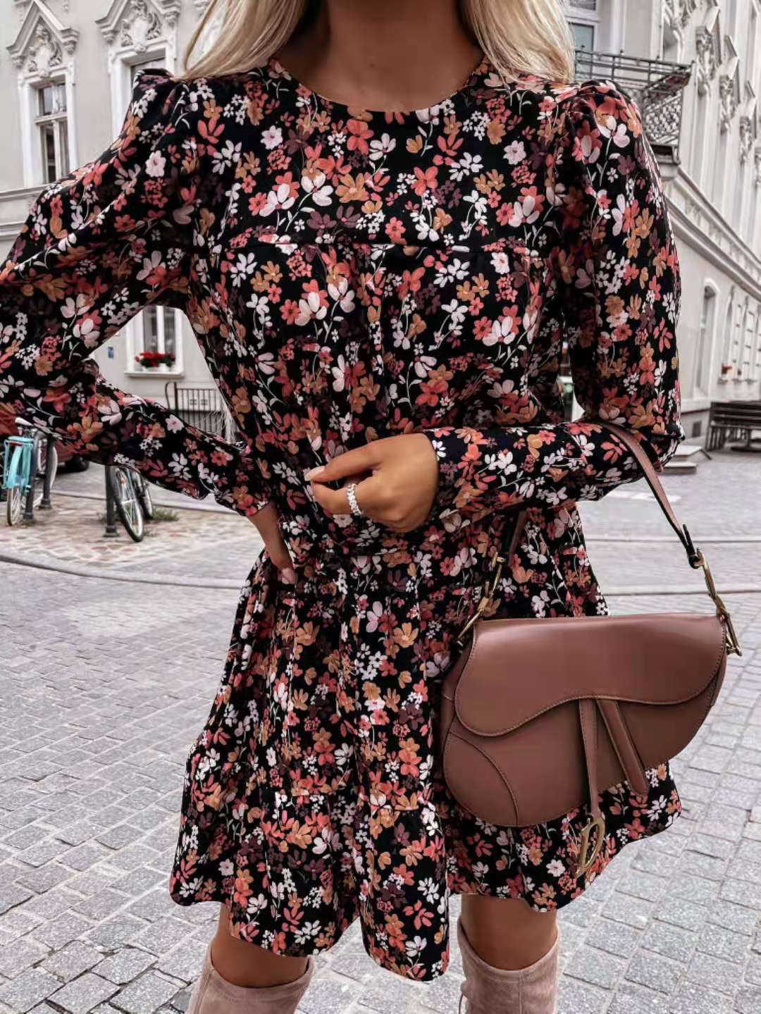 Crew Neck Long Puff Sleeve Ditsy Floral Tie Waist Ruffle Hem Mini Dress 3