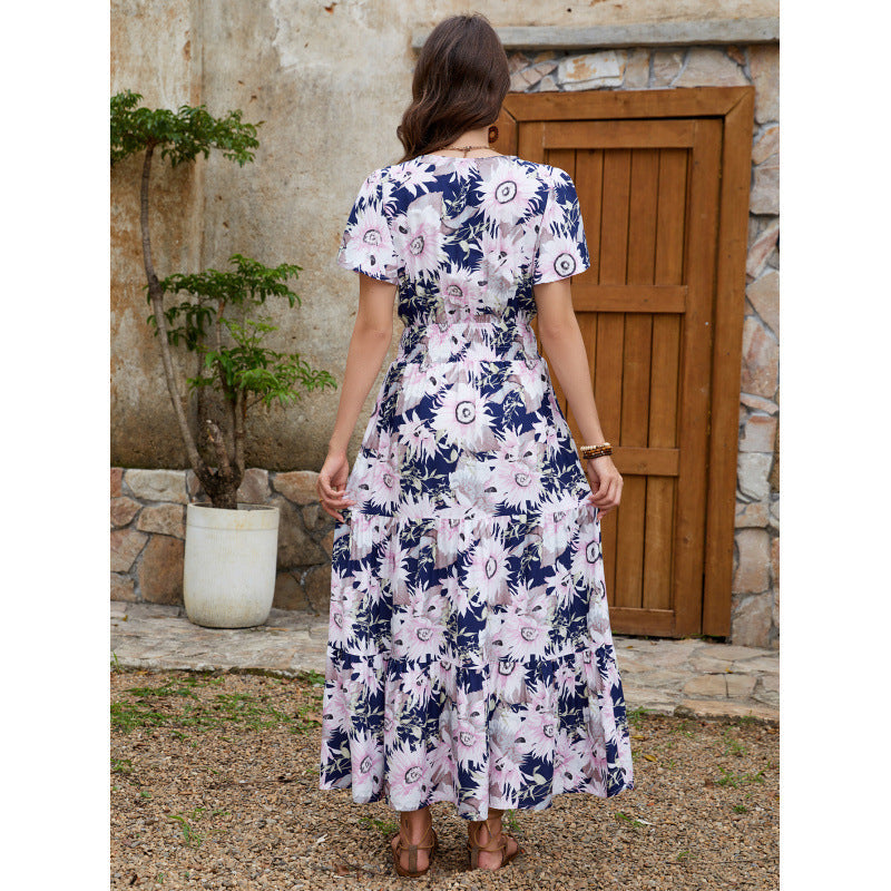 Sunflower Floral Print V-Neck Smocked Waist Flutter Sleeve Tiered Maxi Dress 4