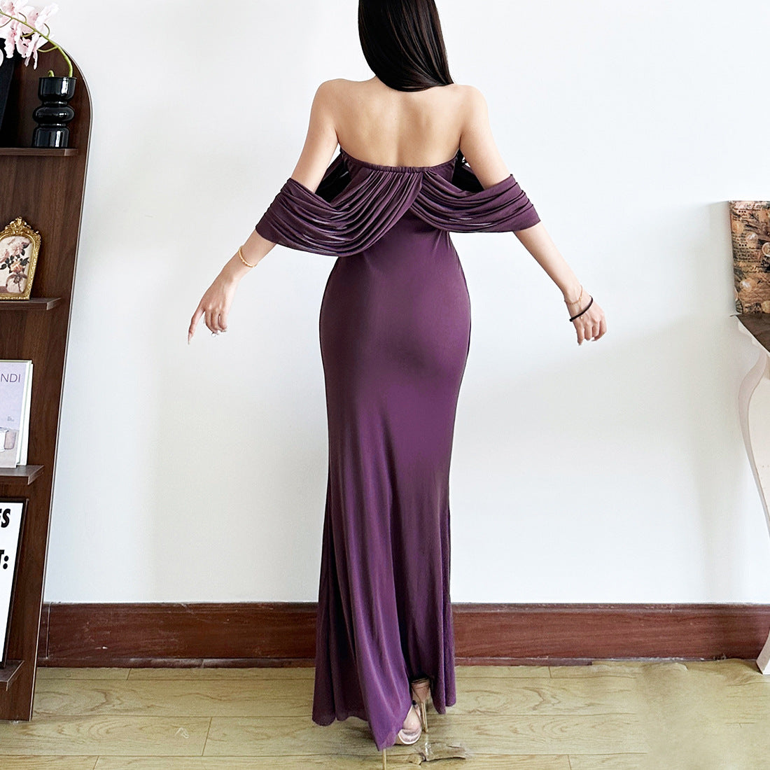 Off Shoulder Draped Lace Panel Sweetheart Floor Length Maxi Gown 5