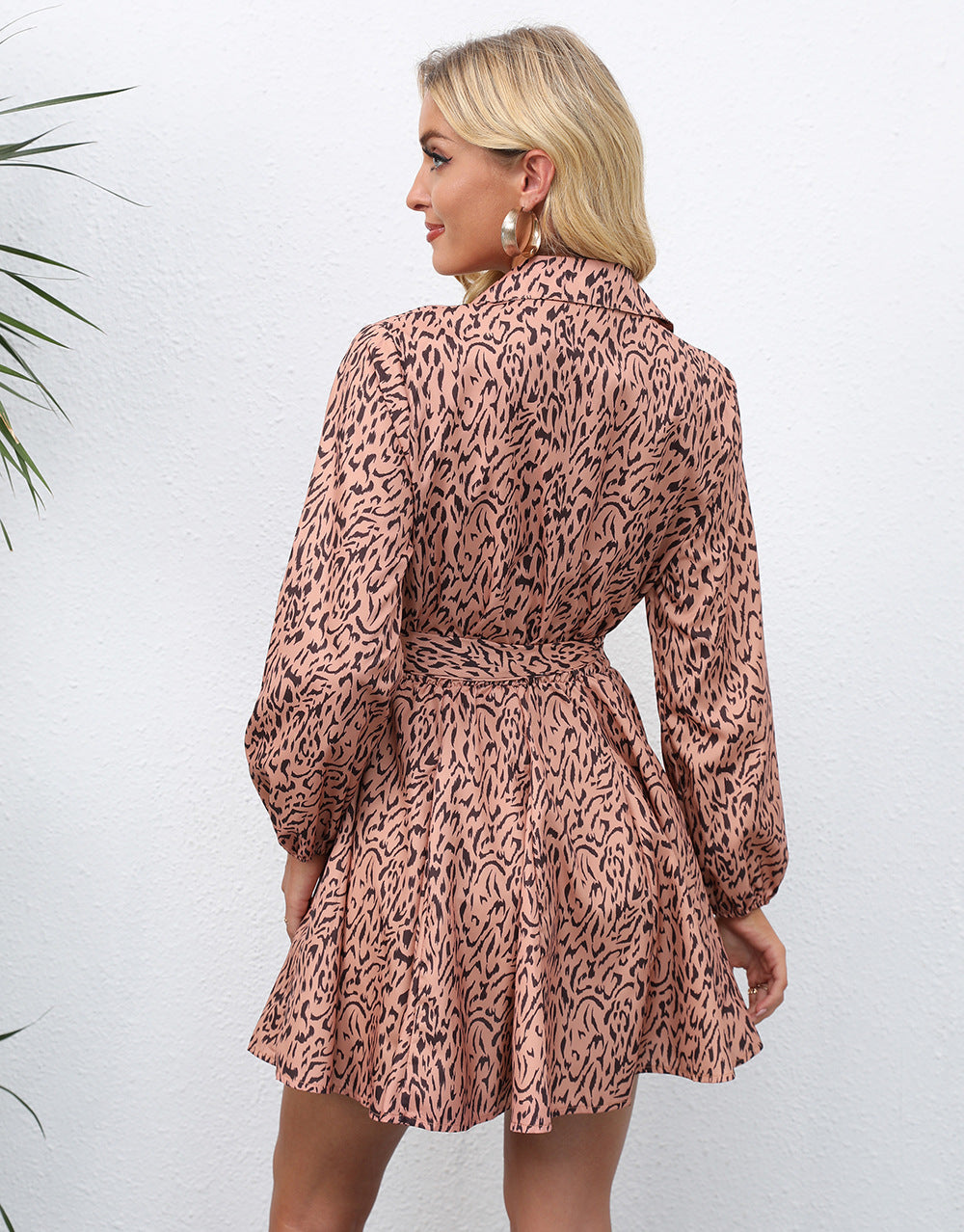 Long Sleeve Collared Button Down Tie Waist Spot Print Mini Shirt Dress 3