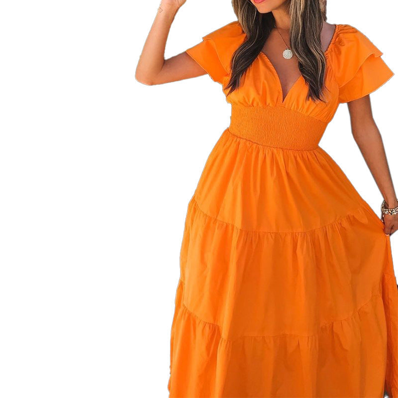 Deep V Neck Flutter Sleeve Smocked Waist Tiered Ruffle Hem Maxi Dress 2
