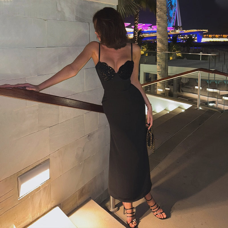 Sweetheart Neck Spaghetti Strap Sequin Embellished Waist Fitted Midi Dress 3