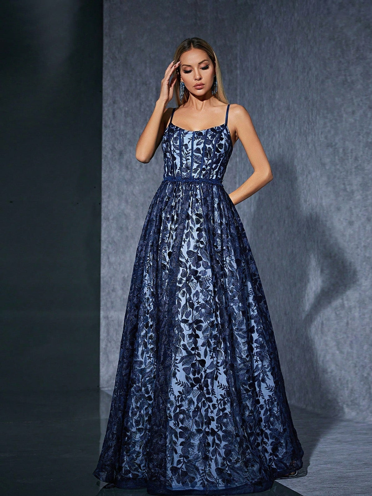 Spaghetti Strap Corset Boned Floral Lace Overlay Ball Gown Maxi Dress 2