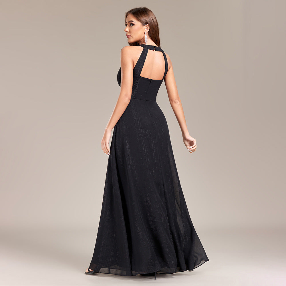 Halter Neck Pleated Bodice High Waist A-Line Floor Length Gown 2