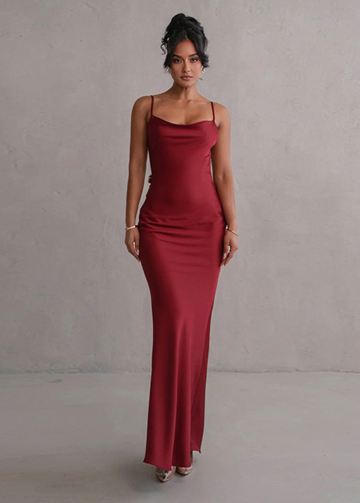 Satin Open Back Floral Rosette One-Shoulder Strap Floor-Length Gown 4