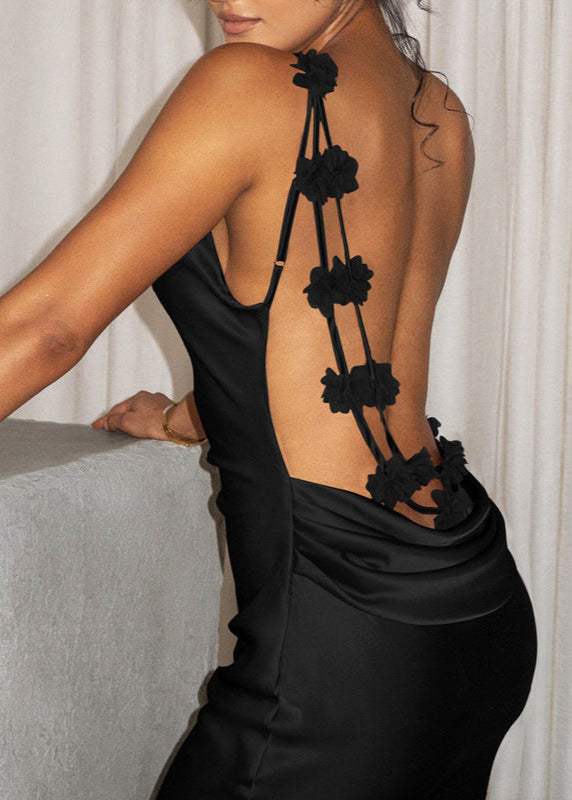Satin Open Back Floral Rosette One-Shoulder Strap Floor-Length Gown 3