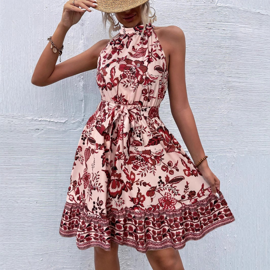 Botanical Floral Print Ruffle Halter Neck Tie Waist Border Hem Mini Dress 3