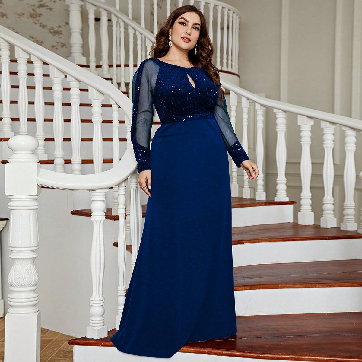 Sequin Bodice Keyhole Mesh Sleeve Floor Length Gown