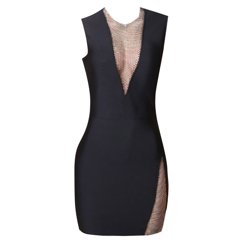 Rhinestone Mesh Panel Deep V Bandage Side Cutout Mini Dress 5