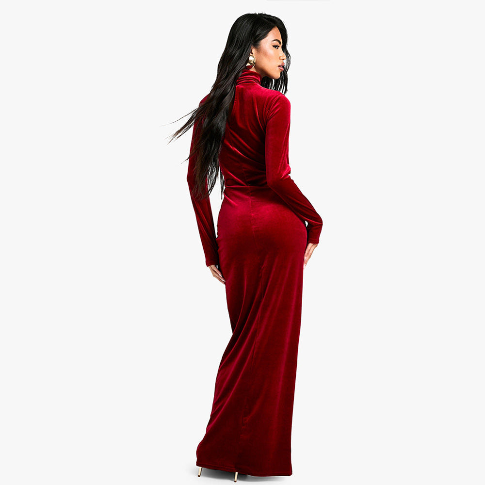 Velvet Mock Neck Long Sleeve Ruched Waist Tie Sash Maxi Dress 4